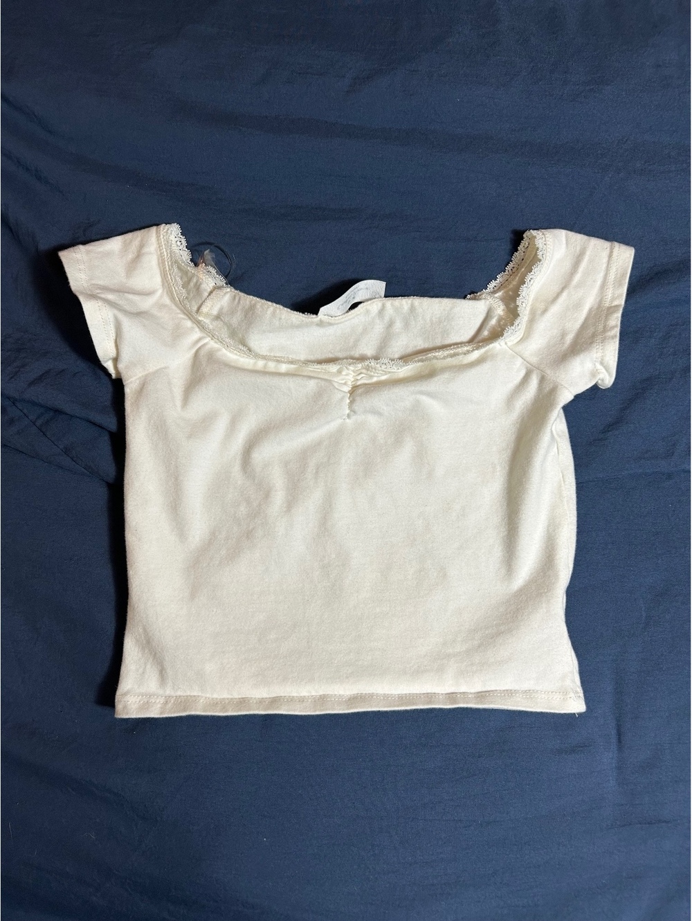 Rebellious Dreamer Cream Lace Trim Short Sleeve Crop Top, Size Small